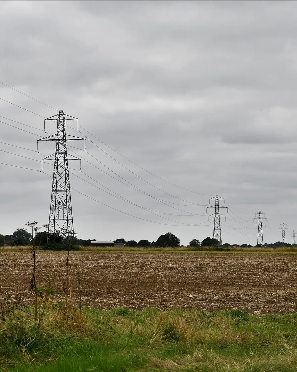 Electricity pylons crossing a harvested field with a grassy right-of-way
